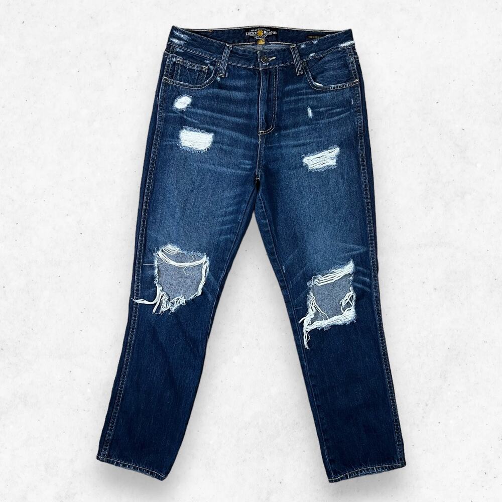 Lucky Brand The High Rise Tomboy‎ Women's 4/27 Distressed Open Knees No Stretch